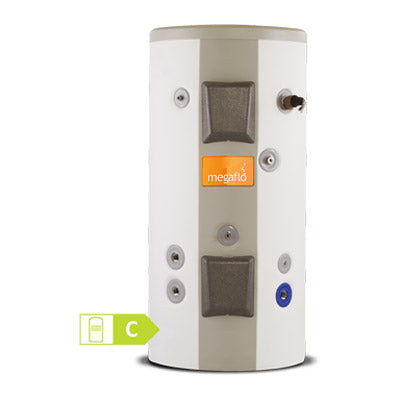 White Heatrae Sadia Megaflo Indirect Unvented Cylinder with 1250 Litre capacity and 6 Bar pre-set pressure on white background